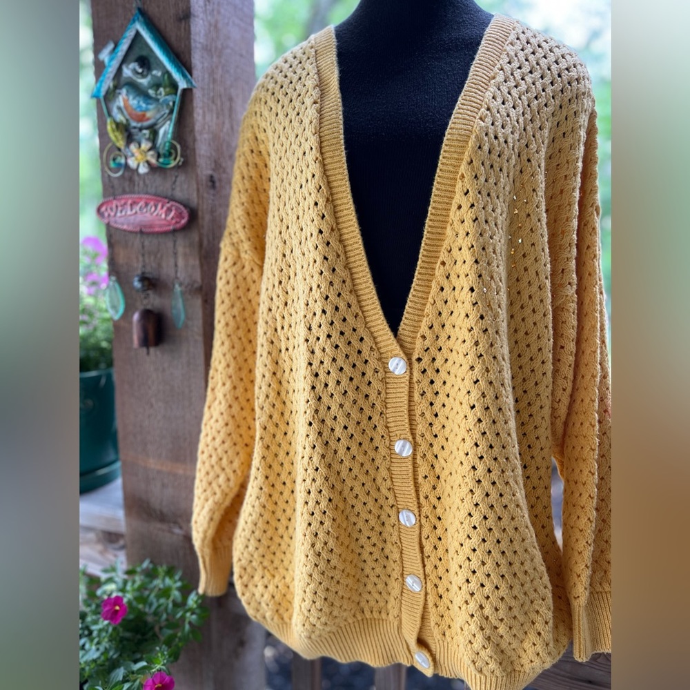 Vintage Sweater Loft Woman Yellow Knit Open Weave V Neck Button Cardigan Sweater